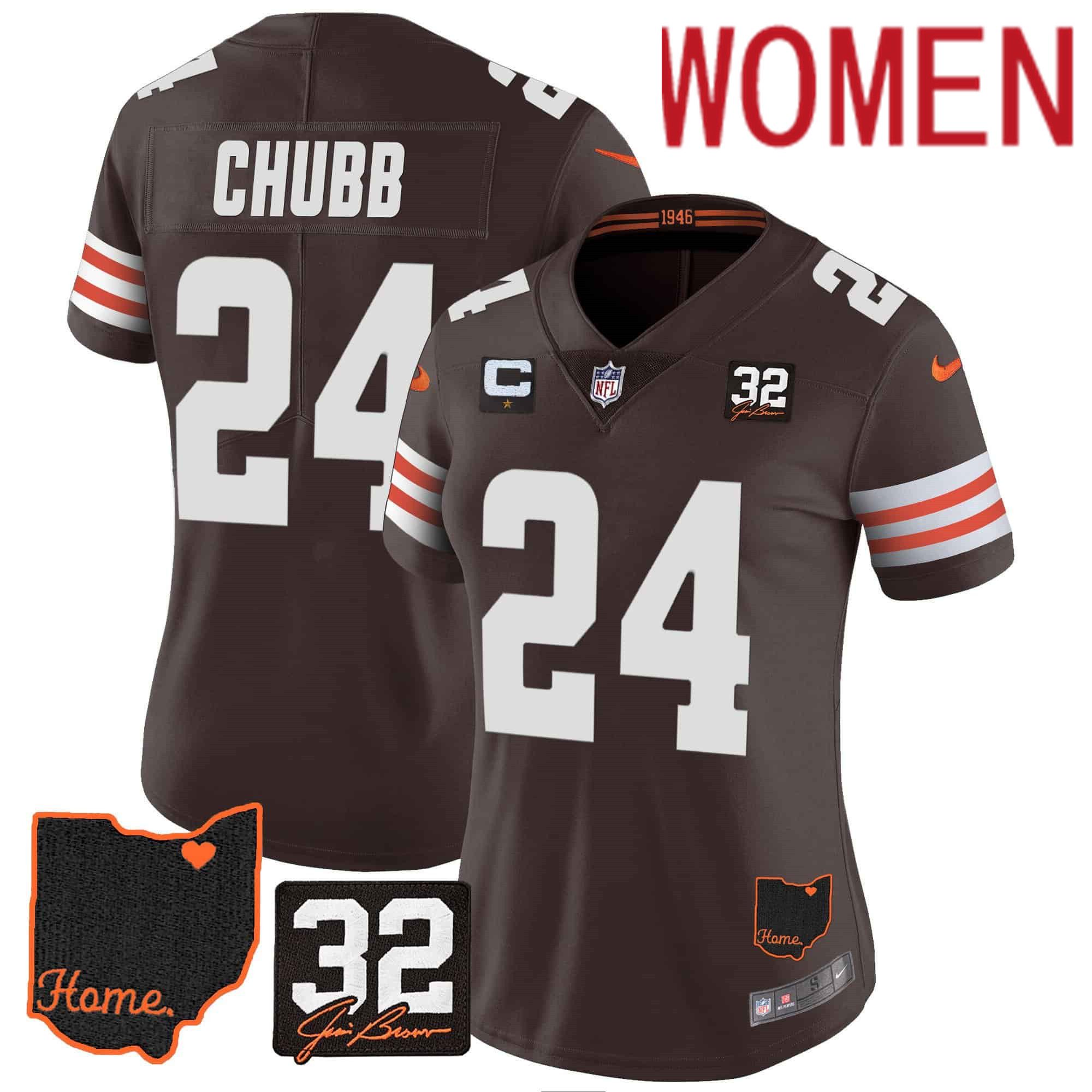 Women Cleveland Browns #24 Chubb Brown Memorial Home Patch 2024 Nike NFL Jersey style 1->women nfl jersey->Women Jersey